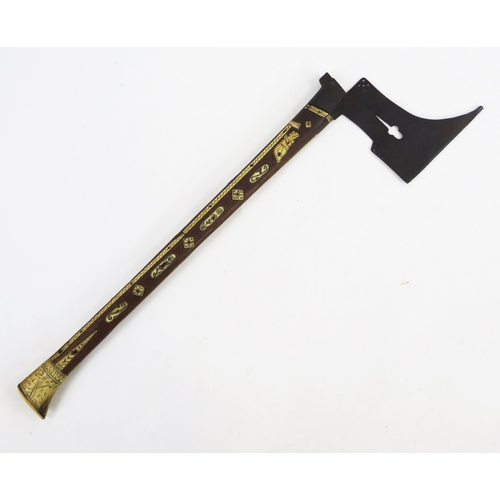 1894 - A SAXONY MINER'S GUILD AXE, DATED 1678 with flat iron head of characteristic form pierced with a sli... 