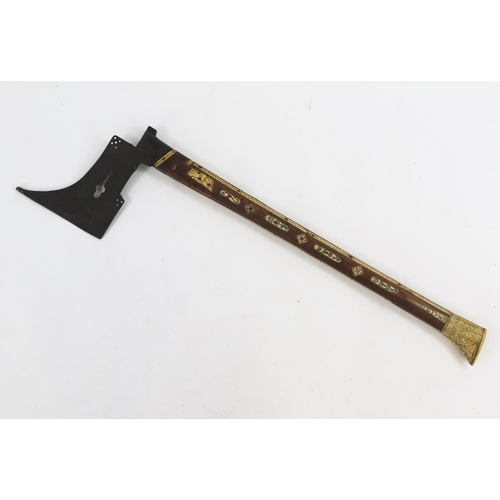 1894 - A SAXONY MINER'S GUILD AXE, DATED 1678 with flat iron head of characteristic form pierced with a sli... 