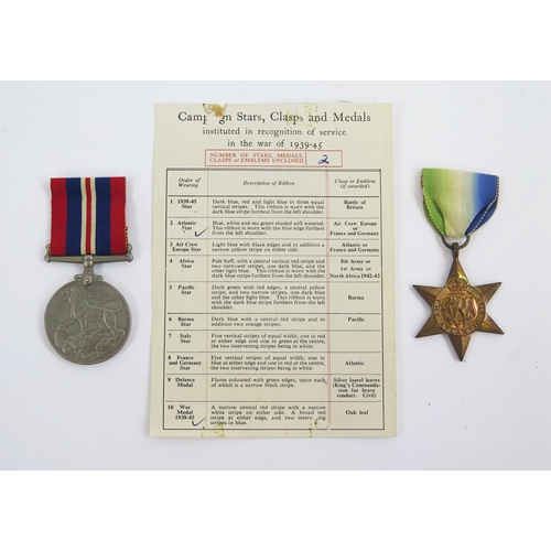 1895 - A World war II War Medal and Atlantic Star, with issue paper.