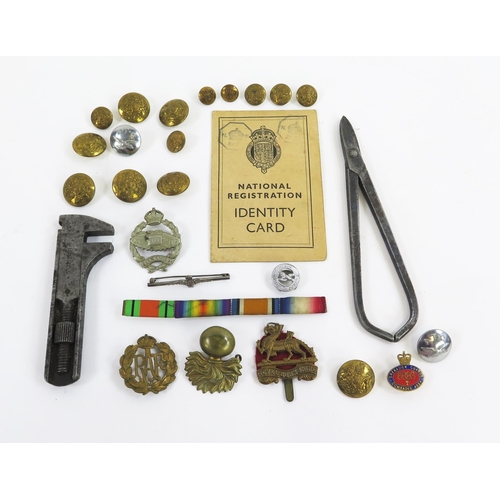 1899 - Assorted regimental badges, buttons. Identity Card, War Office issue adjustable wrench, etc.