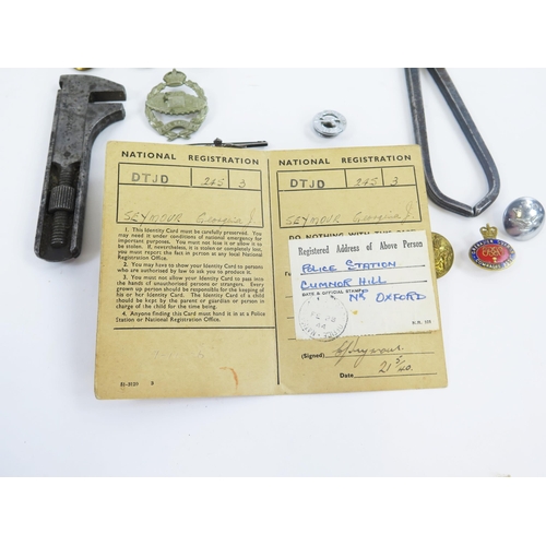 1899 - Assorted regimental badges, buttons. Identity Card, War Office issue adjustable wrench, etc.