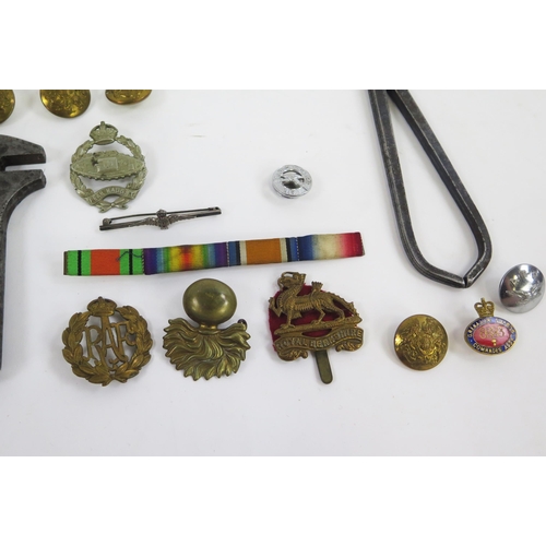 1899 - Assorted regimental badges, buttons. Identity Card, War Office issue adjustable wrench, etc.