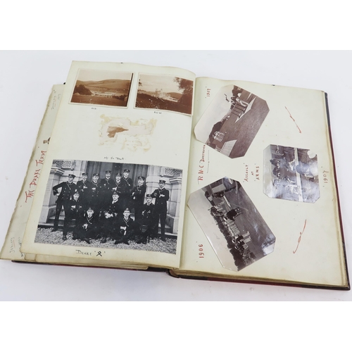 1910 - An Edwardian Naval officers scrap book, of photographs including R N College Dartmouth 1907, HMS Rus... 