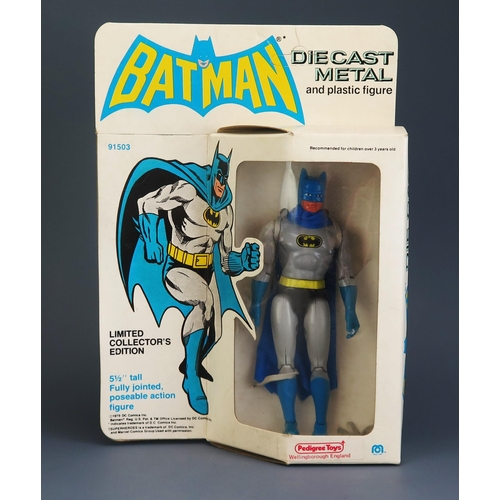 Mego Corp Vintage Batman 5 1/2" Action Figure, Die Cast Metal and Plastic, fully jointed, No. 91503, copyright 1979 DC Comics Inc. - mint or very near to on illustrative white card window box with Pedigree Toys UK distribution label - excellent unpunched box with some creasing (two elastic bands have snapped)