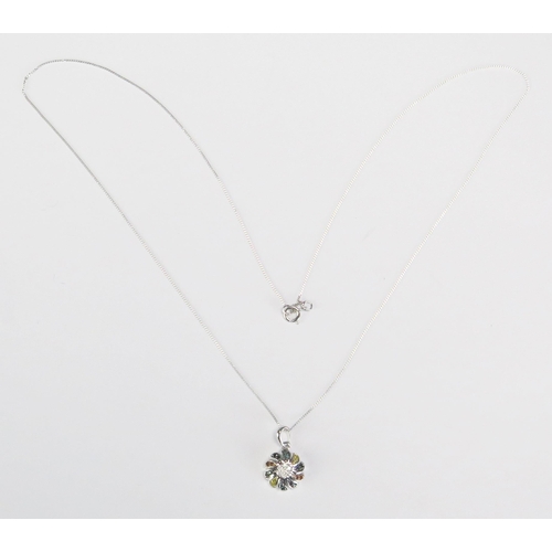 291 - A diamond and multi-coloured gem set pendant, in 9ct white gold mount and chain, length of chain, 22... 