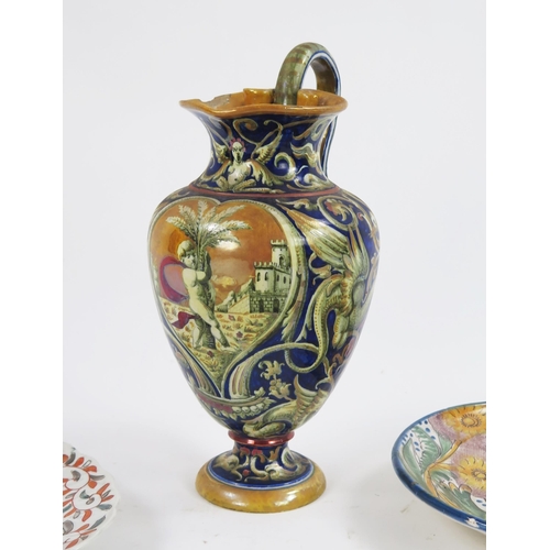 1660A - A Cantagalli majolica wine ewer, with Neo-classical decoration, 28cm high, a/f, together with variou... 