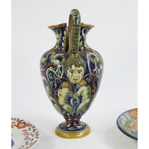 1660A - A Cantagalli majolica wine ewer, with Neo-classical decoration, 28cm high, a/f, together with variou... 