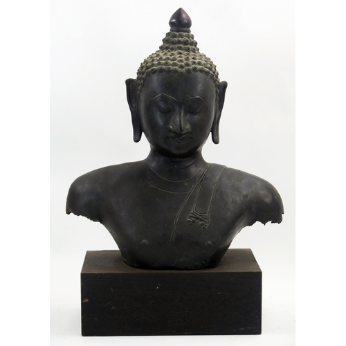 1760 - A South East Asian  bronze torso of Buddha, mounted on a rectangular plinth base, overall height 63c... 