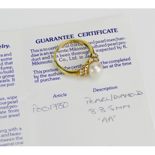 101 - A MIKIMOTO 18CT Gold, Cultured Pearl and Diamond Ring with certificate, size N.5, stamped 18ct, 5.18... 