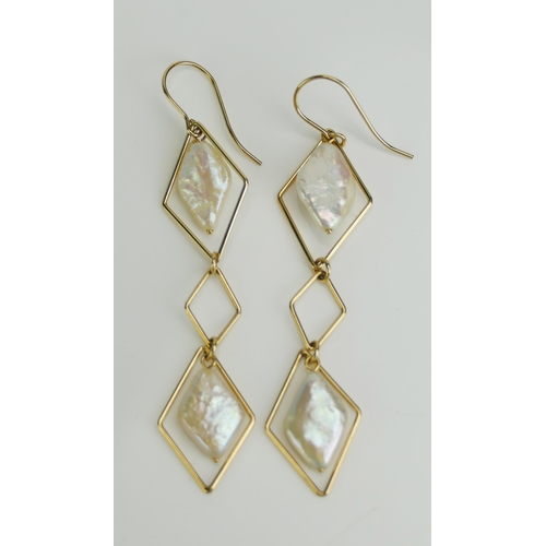 102 - A Pair of 14K Gold and Baroque Pearl Drop Pendant Earrings, 68.4mm drop, stamped 14K, 4.94g