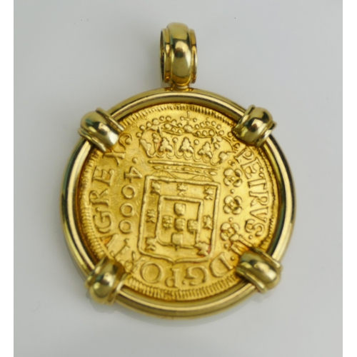 119 - A Brazil 4000 Reis Coin Dated 1699 and in an 18K Pendant Mount, 18.67g gross. Sold with certificate