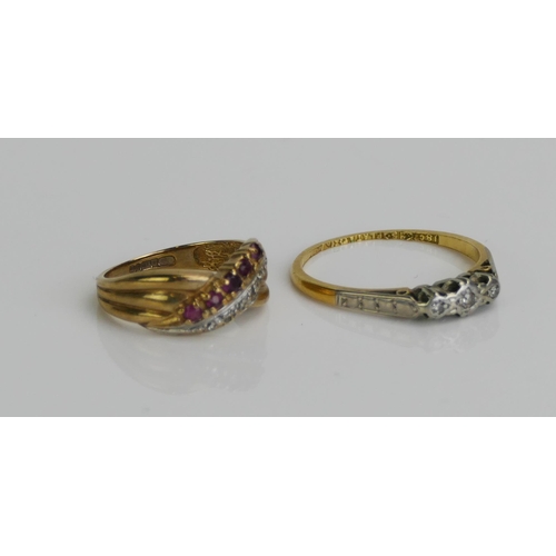 128 - An 18ct Gold and Diamond Three Stone Platinum Set Ring (size N.5, 1.94g) and a 9ct gold, ruby and di... 