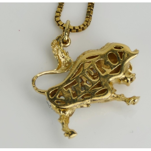 18 - A 9ct Gold Box Link Chain (clasp stamped 9C, c. 50cm) and with a plated paste set Taurus bull pendan... 