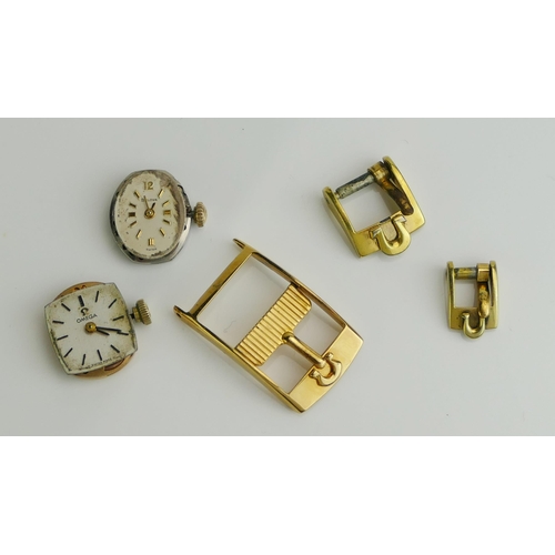 192 - Three OMEGA Leather Watch Strap Clasps, Omega caliber 485 movement (balance moving freely, but needs... 