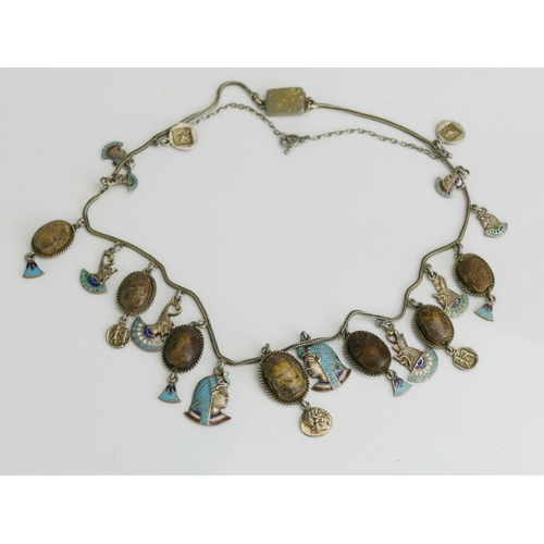 83 - An Antique Egyptian Revival Precious White Metal and Enamel Necklace with carved scarab beetle  pend... 