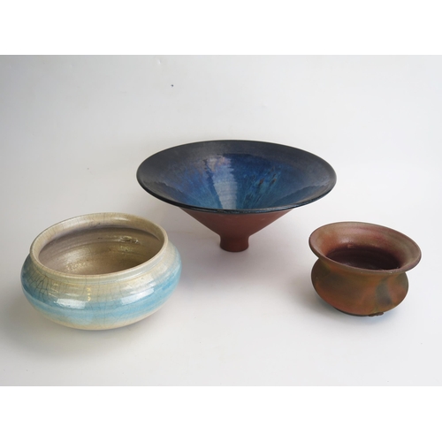 1001A - Three Studio Pottery Vessels including a small raku piece by Mansour Eskandary (14.5cm diam.)