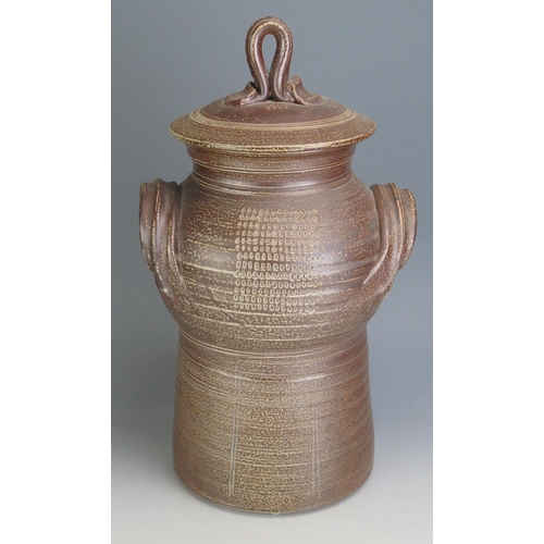 1025 - A Large Studio Pottery Stoneware Two Handled Storage Jar with cover, possibly Alastair Hardie, 41cm ... 