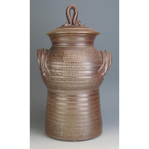 1025 - A Large Studio Pottery Stoneware Two Handled Storage Jar with cover, possibly Alastair Hardie, 41cm ... 