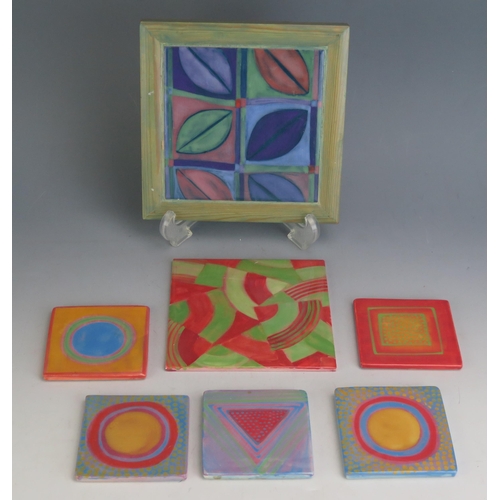 1031 - Pauline Zelinski _ A Selection of Studio Pottery including five coasters and two tiles, one tile wit... 