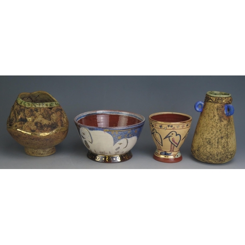 1041 - A Rose Ellis Studio Pottery Bowl decorated with elephants (16cm diam.) and a stork decorated vase (1... 