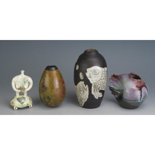 1054 - Andrew Hill (b.1964), Raku Vase (11cm high, incised AH), another decorated with fish (14.5cm), anoth... 