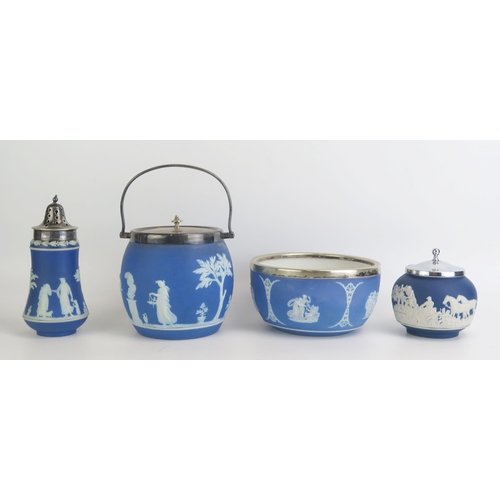 1075 - A jasperware biscuit barrel, sugar caster, preserve pot and cover, and bowl, (4).