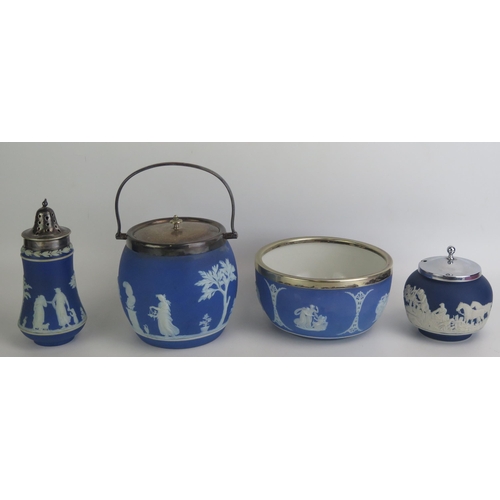 1075 - A jasperware biscuit barrel, sugar caster, preserve pot and cover, and bowl, (4).