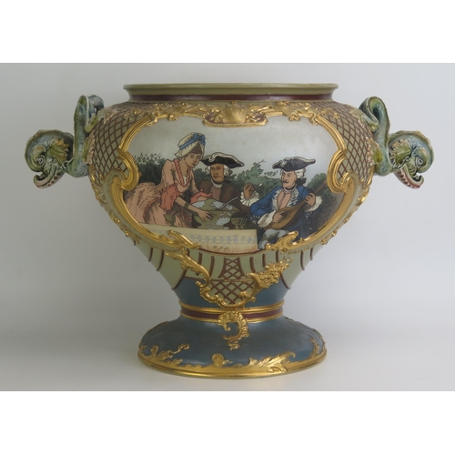 1080 - A large Mettlach vase, of ovoid tapering form, decorated with panels of 18th century revelers, havin... 