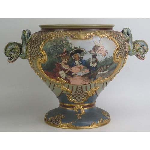 1080 - A large Mettlach vase, of ovoid tapering form, decorated with panels of 18th century revelers, havin... 