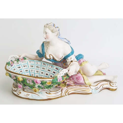 1094 - A continental porcelain figural sweetmeat basket, modelled as a classical lady by a pierced basket e... 