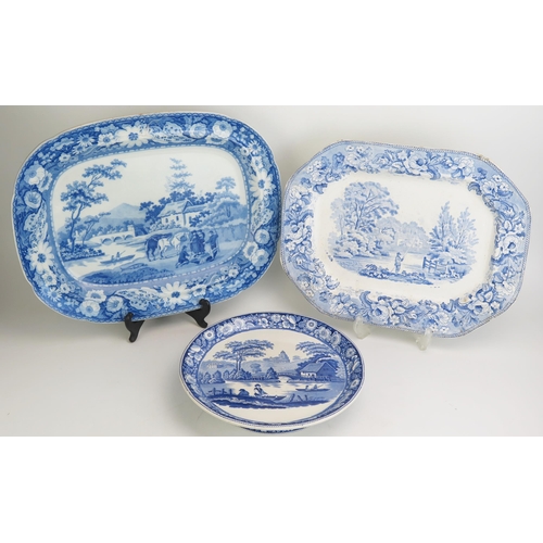 1102 - Two 19th century blue and white transfer print meat dishes, together with a tazza, a/f. (3).