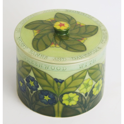 1125 - A Dennis China Works biscuit barrel and cover, with primrose pattern decoration and incised verse, 1... 