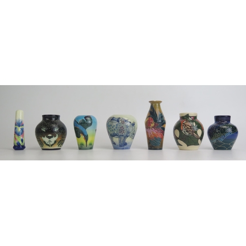 1127 - Six Dennis China Works small vases, decorated with rhino, Kingfisher, Robins, cockerel, cat and fish... 