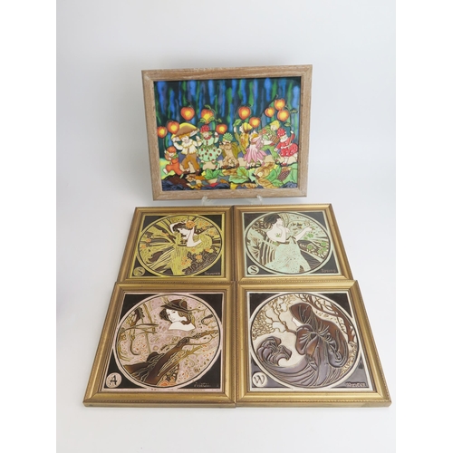 1129 - Maw & Co a set of four tubelined tiles depicting the four seasons, framed, together with another pla... 