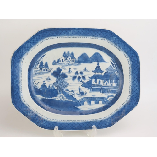 1150 - A 19th century Chinese serving dish, of lozenge -shaped outline, with pagoda landscape decoration, 3... 