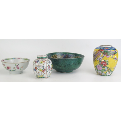 1153 - A Chinese famille rose bowl, 15cm diameter, two ginger jars one with cover, and a Japanese porcelain... 