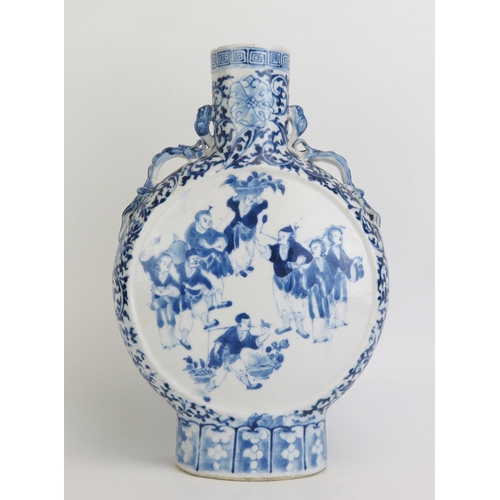 1156 - A 19th century Chinese blue and white moon flask, the panels decorated with various street traders, ... 