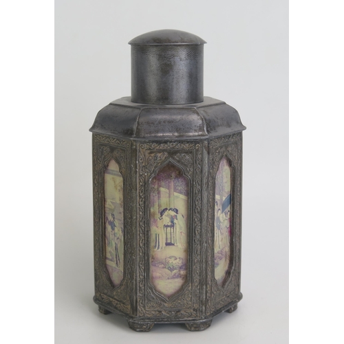 1166 - A 19th century Chinese pewter tea canister of polygonal outline decorated with panels of figures in ... 