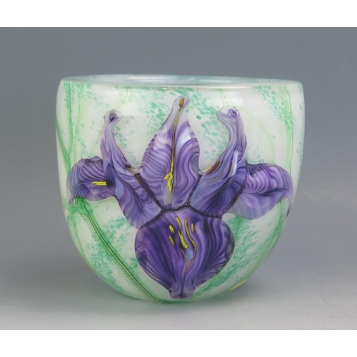 1198B - A Siddy Langley Studio Glass Vase with iris decoration, 11.5cm high