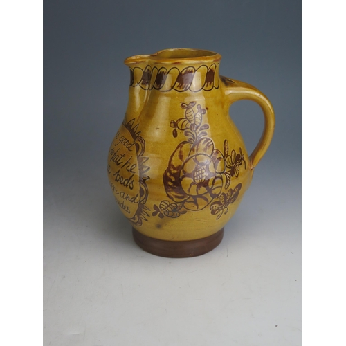 1207 - Three Studio Pottery Terracotta Harvest Jugs, tallest 24cm, two initialled