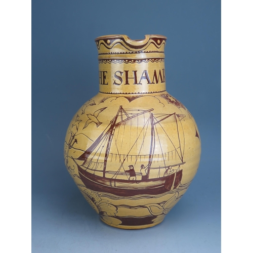 1217 - Harry Juniper (b. 1947) _ A Studio Pottery Terracotta Harvest Jug 'THE SHAMROCK IN FULL SAIL ON THE ... 