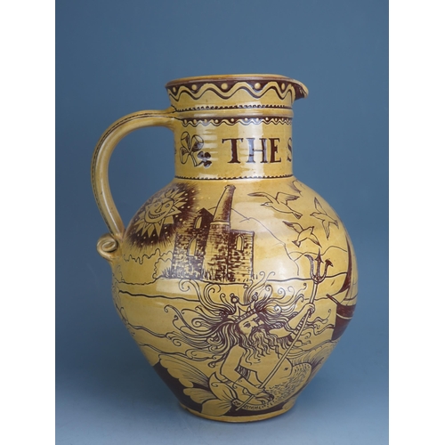 1217 - Harry Juniper (b. 1947) _ A Studio Pottery Terracotta Harvest Jug 'THE SHAMROCK IN FULL SAIL ON THE ... 