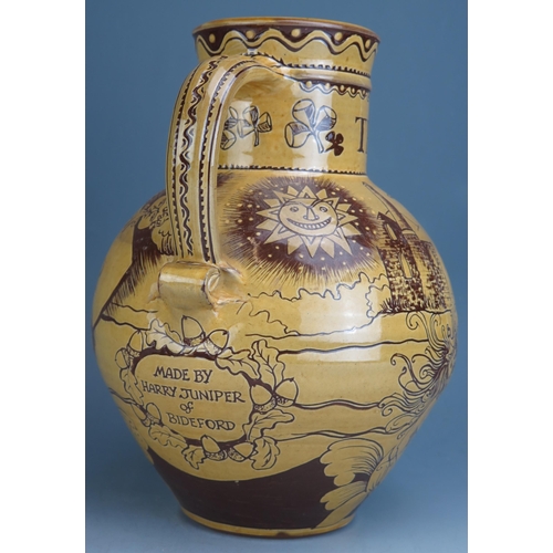 1217 - Harry Juniper (b. 1947) _ A Studio Pottery Terracotta Harvest Jug 'THE SHAMROCK IN FULL SAIL ON THE ... 