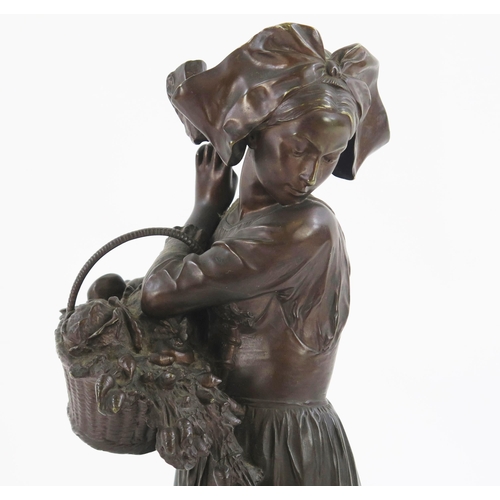 1242 - After Albert Schultz, bronze study of a young woman with basket of vegetables being attacked by a go... 