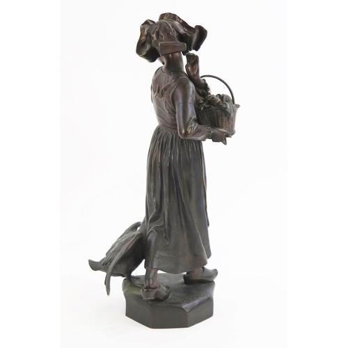 1242 - After Albert Schultz, bronze study of a young woman with basket of vegetables being attacked by a go... 