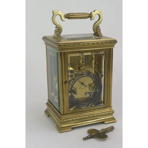 1250 - A French lacquered brass carriage clock, the 7.5cm roman dial with lever platform escapement strikin... 