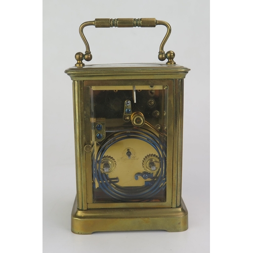 1251 - A French lacquered brass carriage clock with 7cm Roman dial, with lever platform escapement, the mov... 