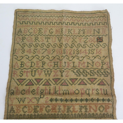 1275 - A William IV needlework sampler, with banded decoration of upper and lower case alphabets, Arabic nu... 