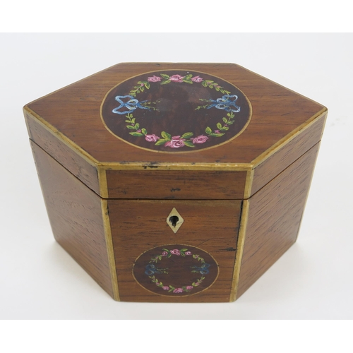 1280 - A 19th century mahogany and boxwood strung tea caddy of lozenge outline, with painted floral roundel... 