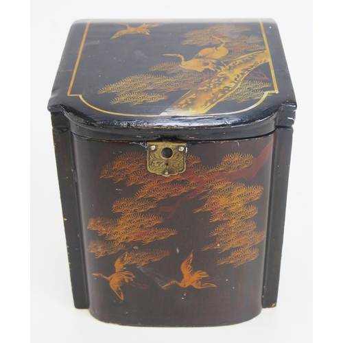 1281 - A late 19th century lacquered tea caddy, of bow-front outline decorated in the Chinoiserie taste, 15... 